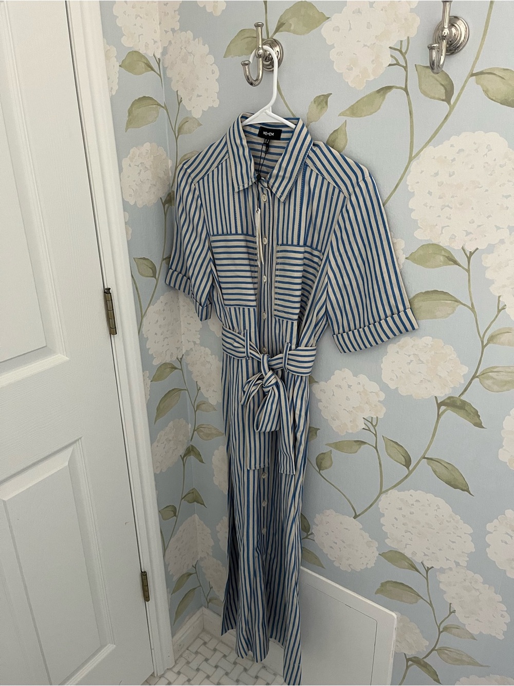 ME+EM Blue and White Striped Midi Shirt Dress with Tie Belt - Picture 2 of 2
